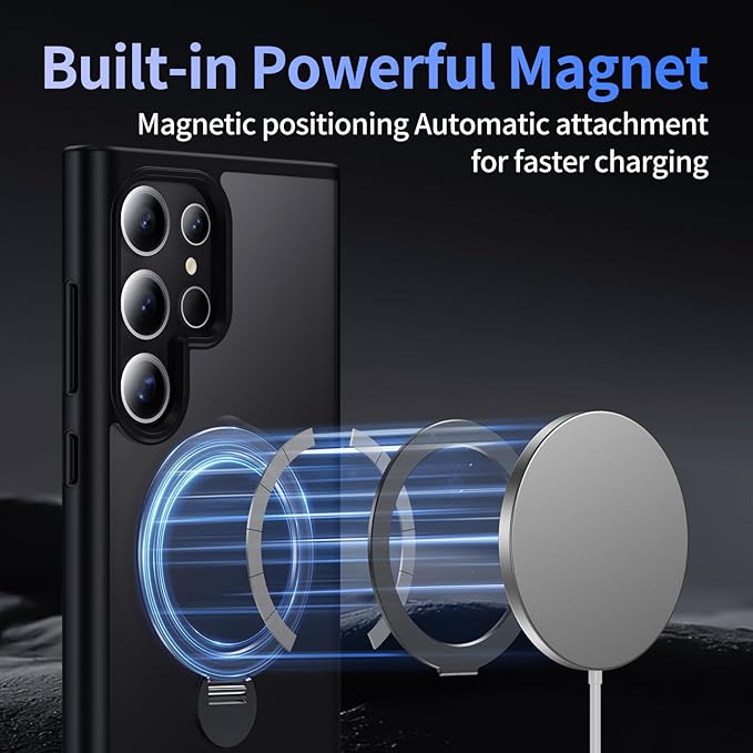 for Samsung Galaxy S25 Ultra Case,Compatible with Magsafe [Wireless Charging],with 360°Rotatable Magnetic Ring Stand Matte Translucent Slim Soft Edge Phone Kickstand,Black