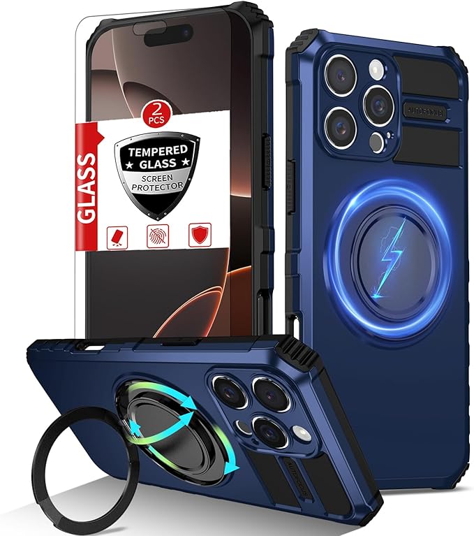 for iPhone 16 Pro Max Case Magnetic Compatible with MagSafe,with 2 Screen Protector,Built-in Camera Cover+Kickstand Ring,Military Grade Drop Shockproof Heavy Duty Protection Phone Bumper Blue