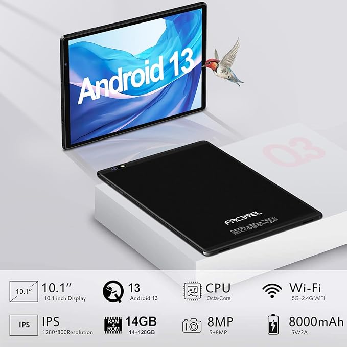 Android Tablet 10 inch Android 13 Tablets with 14GB RAM 128GB ROM, Octa-Core 2.0 GHz, 8000mAh Battery, 5G WiFi, Bluetooth 5.0, HD IPS Touchscreen, 5+8MP Camera Tablet with Keyboard Mouse Case, Black