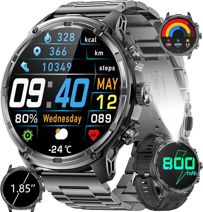 Smart Watches for Men (Bluetooth Call), 1.85" Extra Large Screen Smartwatch with LED Flashlight, 800mAh Extra-Long Battery, 100+ Sports Fitness Tracker Watch with Sleep for Android iOS