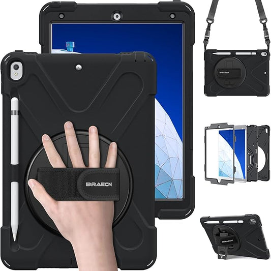 BRAECN for iPad Air 3 10.5 Case 2019,iPad Pro 10.5 Case 2017- Heavy Duty Shockproof Case Cover with Pencil Holder,Rotating Stand/Hand Strap,Carrying Shoulder Strap Fit iPad Air 3rd Gen 10.5-Black
