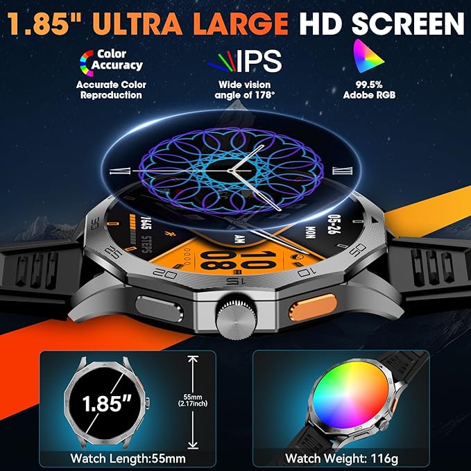 Military Smart Watch for Men 1.85" HD Ultra Screen Touch Screen 710mAh Battery Smart Watches for Android iOS （Bluetooth Call Answer/Dial Calls） Fitness Tracker with 100+ Sports