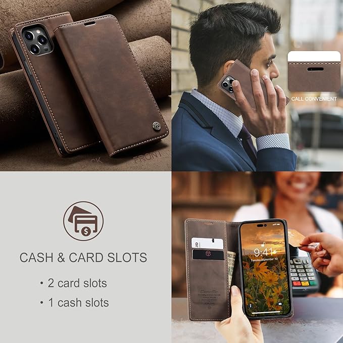 for iPhone 14 Pro Case, Flip Wallet Leather Case with Card Holder Magnetic Closure Shockproof Kickstand Protective Phone Cases Cover for iPhone 14 Pro, Coffee