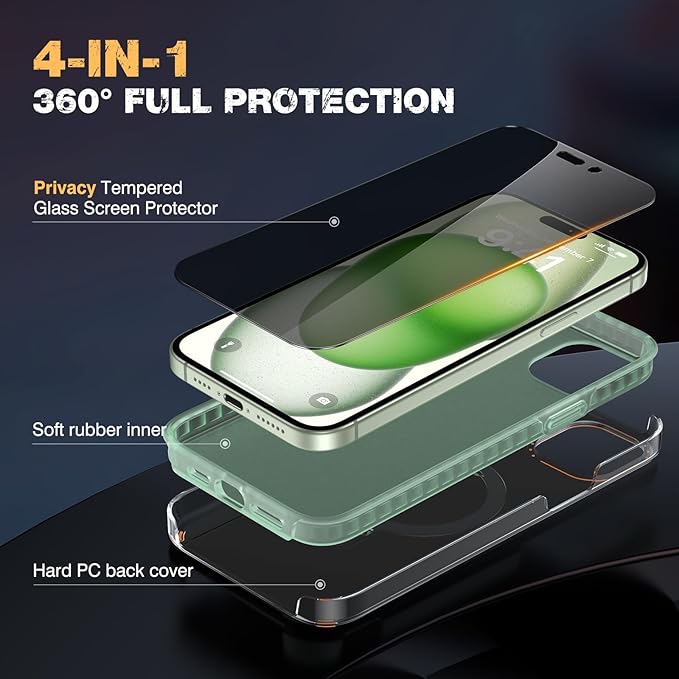 Diaclara Designed for iPhone 15 Case with Stand, [with Privacy Screen Protector] [Anti Spy] [Military Grade Drop Protection] Heavy Duty Full-Body Shockproof Phone Case, Clear