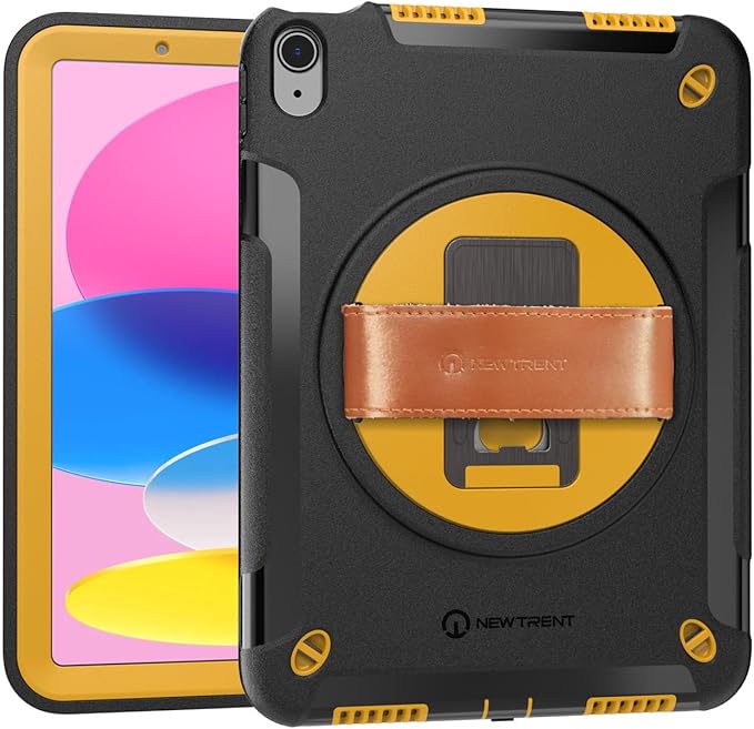 Rugged Case for iPad Air 11 Inch M3 2025/M2 2024 (7th/6th Generation), Built-in Screen Protector/w Genuine Leather Strap, Kickstand, Shoulder Strap (Torque Yellow, for iPad Air 11 7th/6th Gen M3/M2)