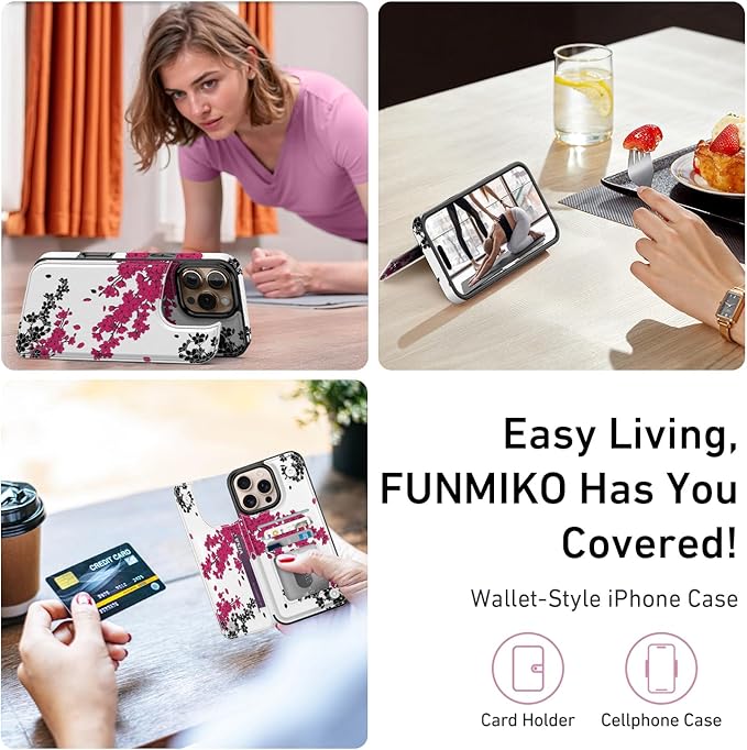 FUNMIKO for iPhone 16 Pro Max Wallet Case with Card Holder, RFID-Blocking, Military-Grade Protection & UV-Printed Artwork, Magnetic Closure with Leather Kickstand - Dramatic Blossom Drift