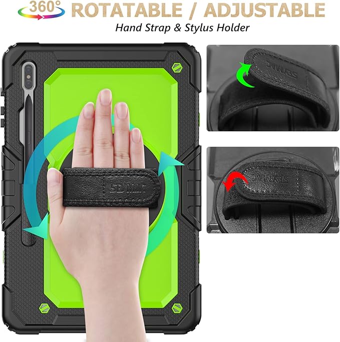 SEYMAC stock Case for Samsung Galaxy Tab S7 FE / S8 Plus 5G Case 12.4'' with Screen Protector Pencil Holder [360 Rotating Hand Strap] &Stand, Drop-Proof, Green/Black