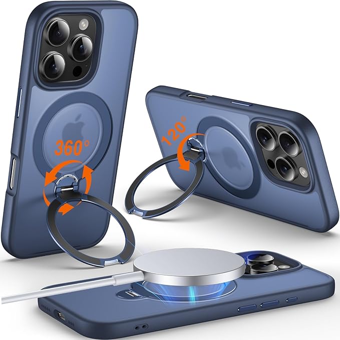 360° O-Ring MagStander for iPhone 16 Pro Case with Magnetic Kickstand Ring Holder [Compatible with MagSafe][360°Rotate Stand Ring][Military Shockproof] iPhone 16 Pro Phone Cover Matte Blue