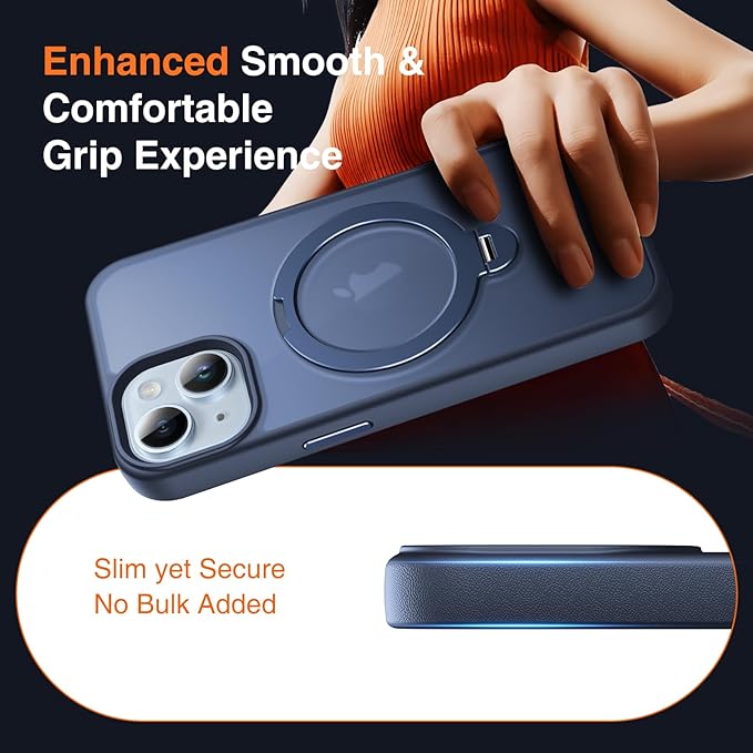 360° O-Ring MagStander for iPhone 15 Case with Magnetic Kickstand Ring Holder [Compatible with MagSafe][360°Rotate Stand Ring][Military Shockproof] Magnet iPhone 15 Phone Cover Matte Blue