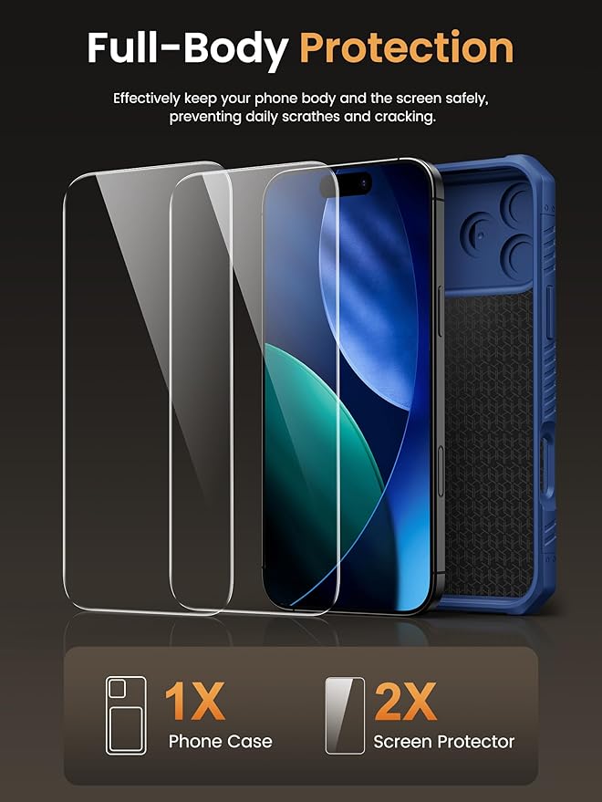 Vihibii for iPhone 17 Pro Max Case with [2X Screen Protector], Built-in Card Holder (4 Cards), [RFID Blocking] & Slide Camera Cover & Tempered Glass Films, Rugged Wallet Case for 17 Pro Max 2025, Blue