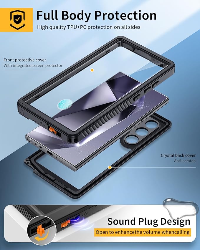 Lanhiem for Samsung Galaxy S24 Ultra Case, IP68 Waterproof Dustproof, Built-in Screen Protector, Rugged Full Body Shockproof Protective Cover for Galaxy S24 Ultra 5G 6.8 Inch, Black