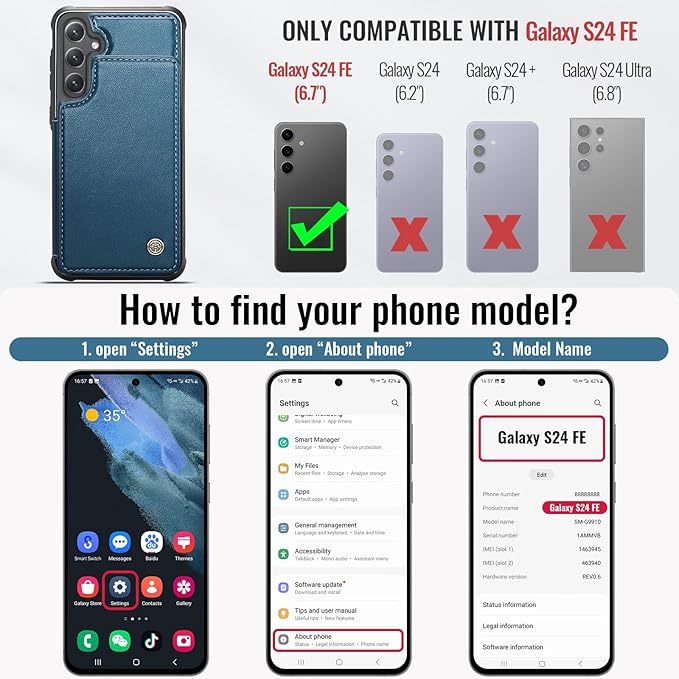 Vinich for Samsung Galaxy S24 FE Wallet Case with Card Holder, RFID Blocking Credit Slots Kickstand Shockproof Phone Cover for Women Men, Blue