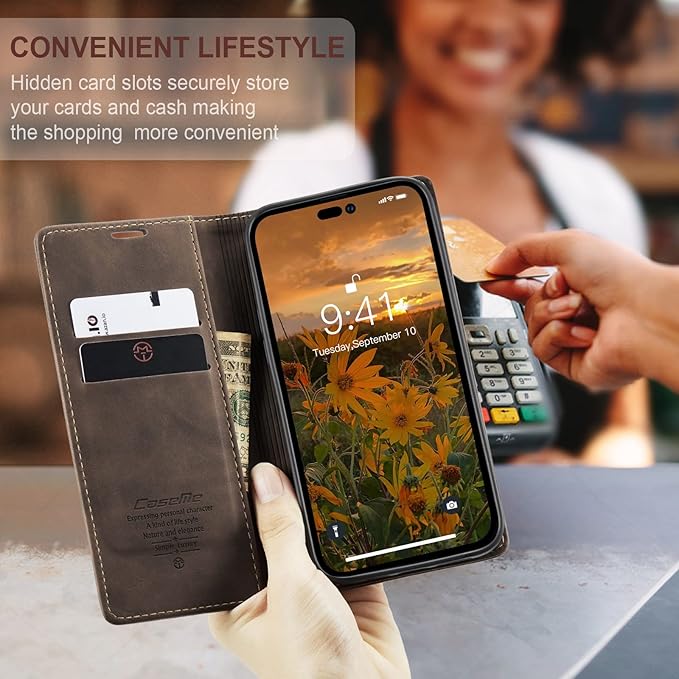 for iPhone 14 Pro Max Case, Flip Wallet Leather Case with Card Holder Magnetic Closure Shockproof Kickstand Protective Phone Cases Cover for iPhone 14 Pro Max, Coffee