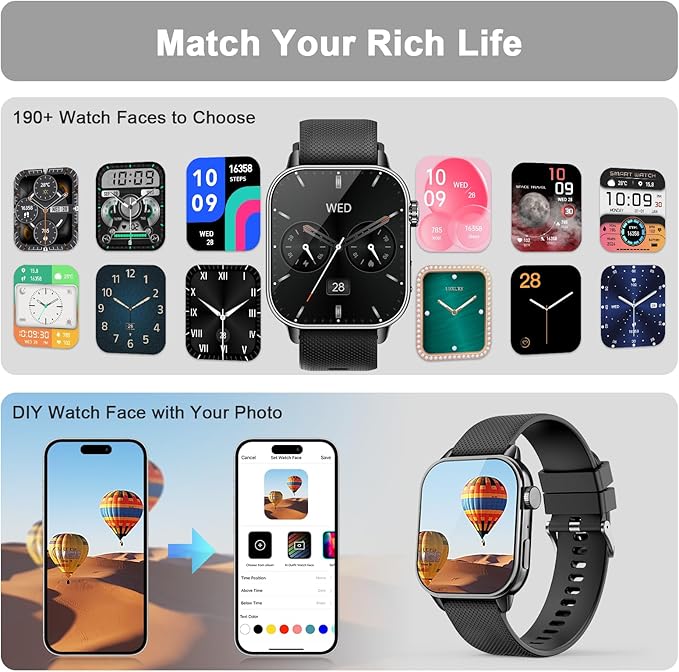 Smart Watches for Men Women, 1.85'' AMOLED HD Fitness Tracker with 100+ Sports Modes, Smartwatches with Bluetooth Call/Heart Rate/Sleep Monitor/Pedometer, IP68 Waterproof Watch for Swimming, Black