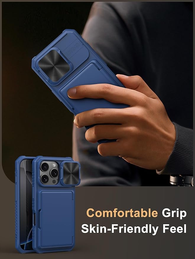 Vihibii for iPhone 16 Pro Wallet Case with Card Holder (4 Cards) [RFID Blocking] & Slide Camera Cover & Raised Edges Protect Screen, Shockproof Rugged Phone Cover for iPhone 16 Pro 6.3" 2024, Blue