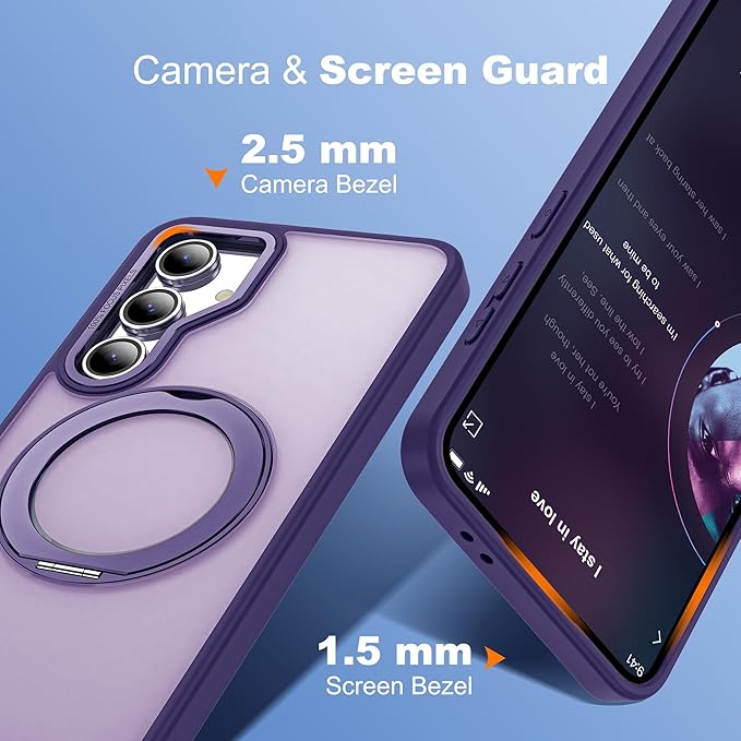 for Samsung Galaxy S24 FE Case with 360° Rotatable Magnetic Ring Stand Compatible with Mag-Safe Military Protection Shockproof Matte Translucent Phone Cases for S24 FE,Dark Purple