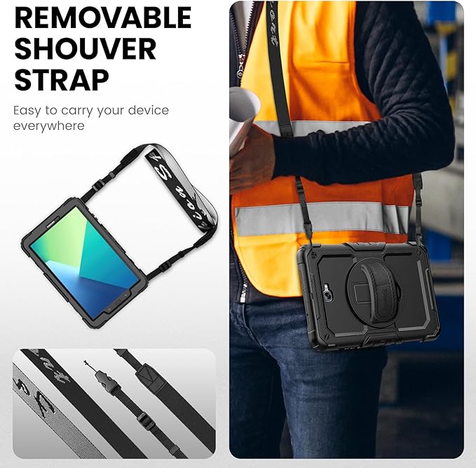 Timecity Case for Samsung Galaxy Tab A 10.1 inch 2016 Release, SM-T580 T585 T587, Heavy Duty Protection Case with Screen Protector, Stand, Hand Strap and Shoulder Strap Stylus Holder - Black