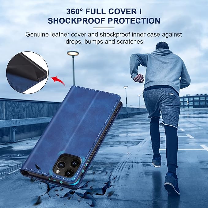 Jasonyu Flip Wallet Case for iPhone 14 Pro 5G,Leather Magnetic Folio Cover with Card Holder,Kickstand - TPU Shockproof Durable Protective Phone Case,Blue