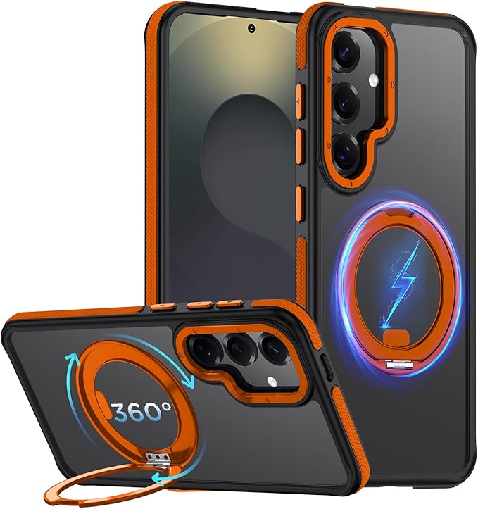 360°Spin Magnetic Stand for Samsung Galaxy S25 Plus Case, [Compatible with Magsafe] Military Grade Drop Protection, Matte Hard Slim S25 Plus Phone Case with Kickstand & Ring Holder (Orange)3
