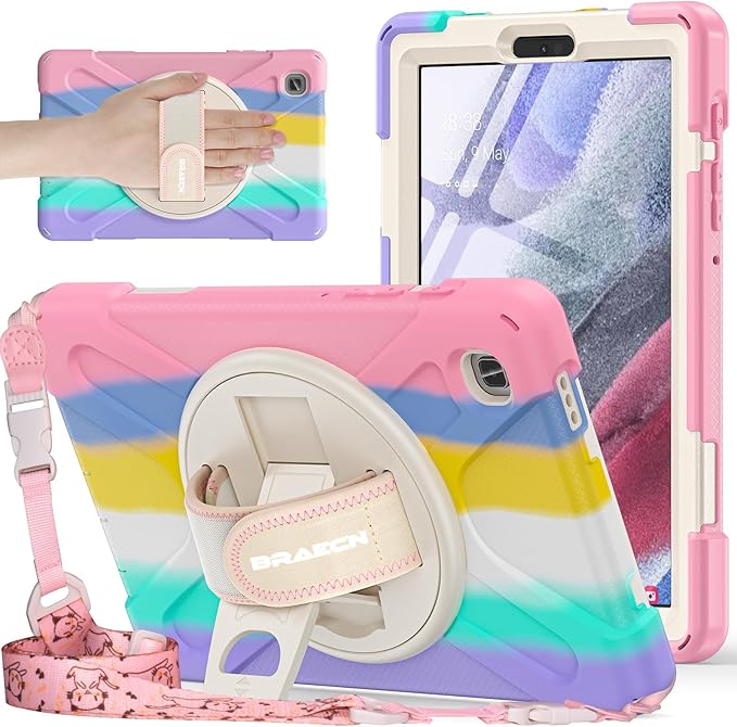 BRAECNstock Kids Case for Samsung Galaxy Tab A7 Lite 8.7 inch 2021(SM-T220/T225/T227) Shockproof Protective Tab A7 Lite Cover with Screen Protector Rotating Hand Strap+Stand Pen Holder - Colorful Pink