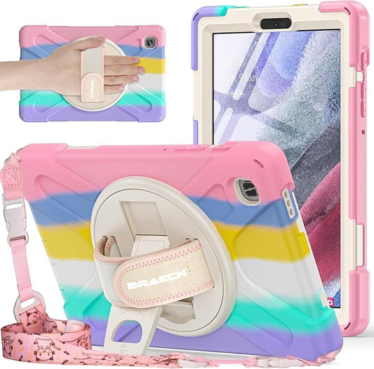 BRAECNstock Kids Case for Samsung Galaxy Tab A7 Lite 8.7 inch 2021(SM-T220/T225/T227) Shockproof Protective Tab A7 Lite Cover with Screen Protector Rotating Hand Strap+Stand Pen Holder - Colorful Pink