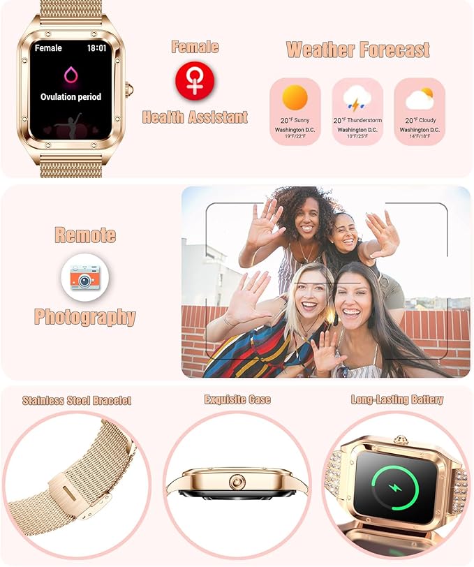 Smart Watch for Women, 1.59'' Full Touch Women's Smartwatch with Female Health Tracking, Fitness Tracker Heart Rate Monitor, Waterproof Sports Smartwatch for Android iOS (Gold Mesh RT-i98)