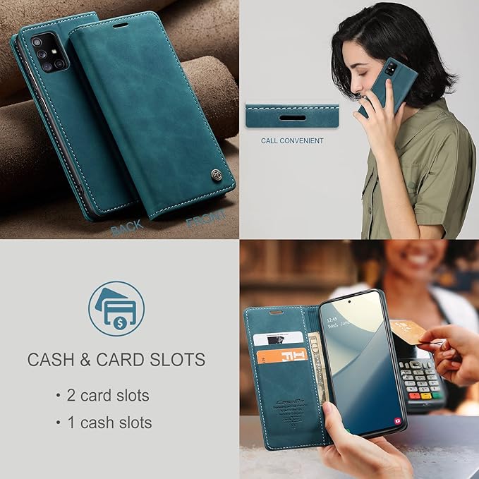 for Samsung Galaxy A51 Case, Flip Wallet Leather Case with Card Holder Magnetic Closure Shockproof Kickstand Protective Phone Cases Cover for Samsung A51,Blue-Green