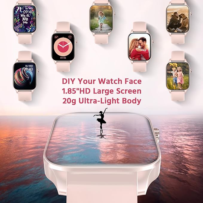 Pink Smart Watch for Women, 1.85" Large Screen Fitness Watch with Bluetooth Call/Voice Assistant, Ultra-Light Smartwatch with Sleep Tracker for Android and iPhone
