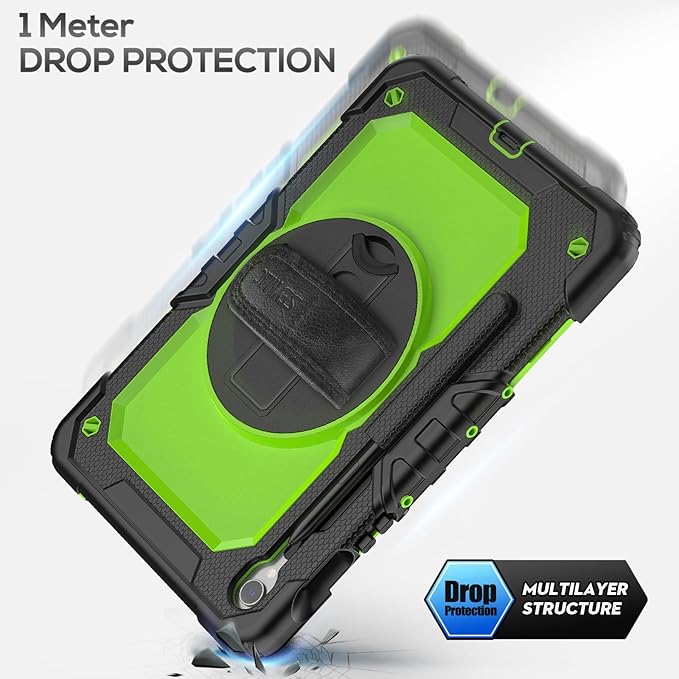 SEYMAC for Samsung Galaxy Tab S10 Lite/ S10 FE/ S9 FE/ S9 5G Case (10.9''/11''), Heavy Duty Shockproof Protective Case with Screen Protector, Rotating Stand, Hand Strap and Pen Holder, Green