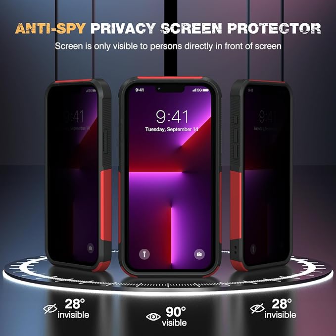Diaclara Designed for iPhone 13 Pro Max Case, [with Privacy Screen Protector] [Anti Spy] [Military Grade Drop Protection] Heavy Duty Full-Body Shockproof Phone Case, Red