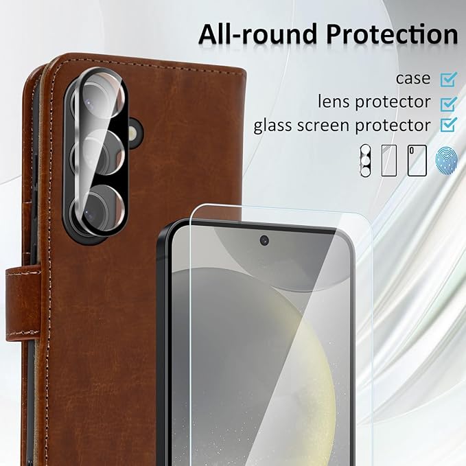 MONASAY Wallet Case Fit for Samsung Galaxy S24 5G, [Lens & Glass Screen Protector Included] [RFID Blocking] Flip Folio Leather Cell Phone Cover with Credit Card Holder, 6.2 inch, Brown