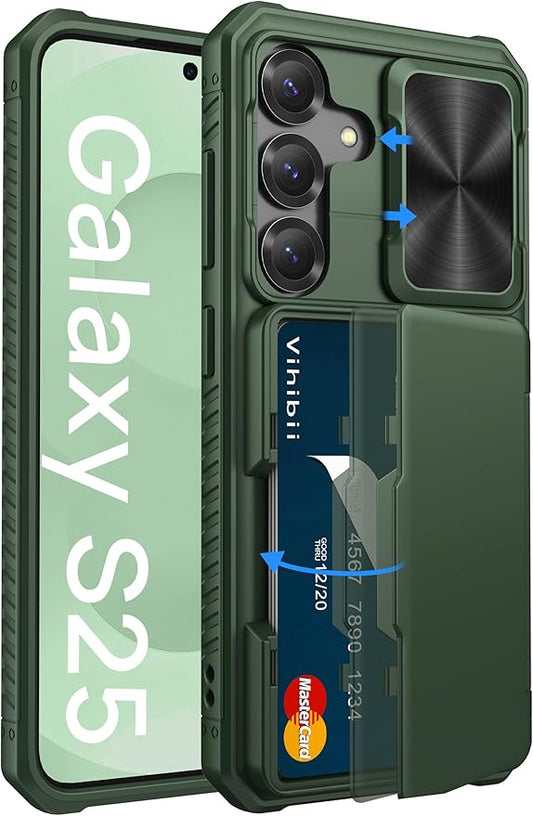 Vihibii for Samsung Galaxy S25 Wallet Case, Built-in Card Holder (4 Cards), [RFID Blocking] & Slide Camera Cover, Military Grade Drop Protection, TPU Soft Edge Case for Samsung Galaxy S25, Green