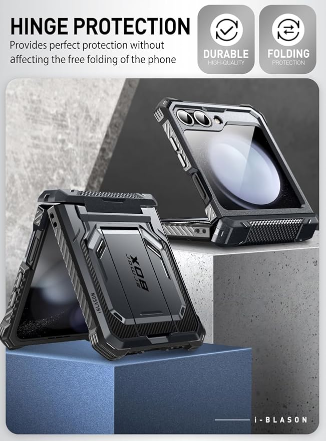 i-Blason for Samsung Galaxy Z Flip 7 FE Case, Z Flip6 Case with Stand, [Built-in Screen Protector] [Hinge Protection] [Belt-Clip], Military Phone Case for Samsung Z Flip 7 FE/6/5, Armorbox, Black