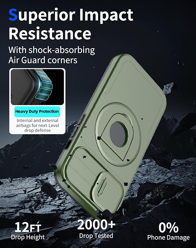 for iPhone 13 Case & for iPhone 14 Case Magnetic Compatible with MagSafe Wireless Charging with 2 Screen Protectors,Built-in Kickstand & Camera Cover Military Grade Heavy Duty Protection Green