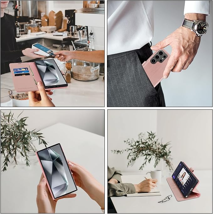 MONASAY Wallet Case Fit for Samsung Galaxy S24 Ultra 5G，[Lens & Glass Screen Protector] [RFID Blocking] Flip Folio Leather Cell Phone Cover with Credit Card Holder, 6.8 inch, Rosegold