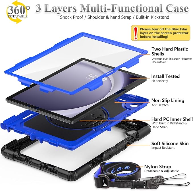 SEYMAC stock Case for Samsung Galaxy Tab A9+ Plus 11'', Full-Body Drop Protection Case with Screen Protector Pencil Holder [360° Rotating Hand Strap] &Stand, Blue+Black