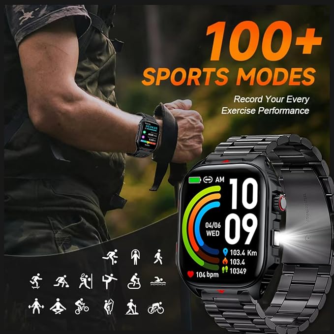 Smart Watch Sport Military for Men, Smartwatch Bluetooth Answer/Dial Call 2.01" Large Screen Outdoor 100 Sports Fitness Tracker Male 400 mAh Large Battery Flashlight Two Straps for Android/ios