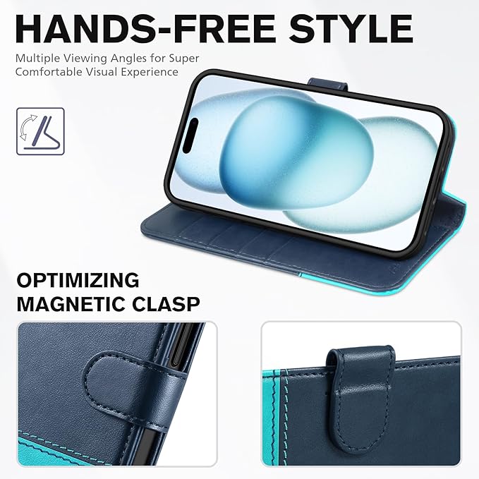 TUCCH Wallet Case for iPhone 15, [RFID Blocking] [4 Card Slots] TPU Interior Protective Case, Magnetic Folio Shockproof PU Leather Stand Flip Cover Compatible with iPhone 15 6.1", Dark Blue&Lake Blue