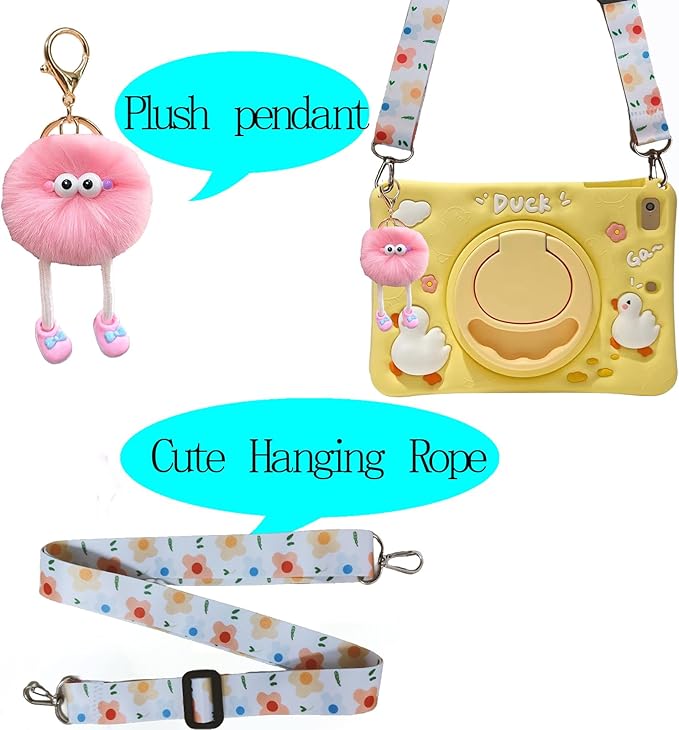 3D Cute Press Duck Case for Samsung Galaxy Tab A 10.1 inch 2019 SM-T510/T515(Not for Other 10.1 inch Tablet),Kawaii Cartoon Duck Soft Silicone Rotating Stand Case with Lanyard for Kids Teens Girls