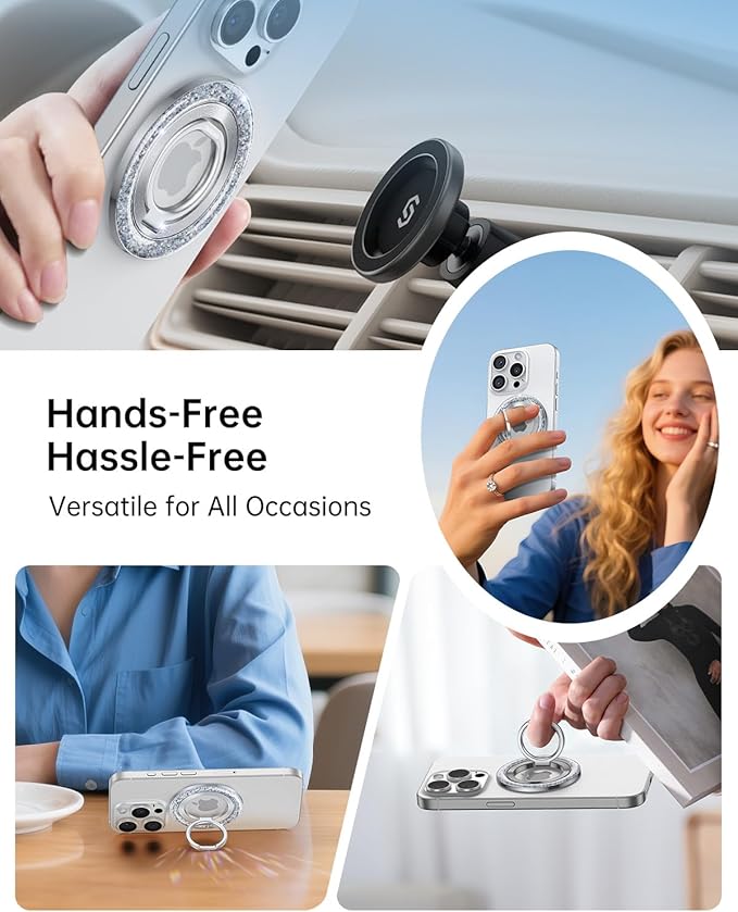 SYNCWIRE Magnetic Phone Ring Holder for MagSafe - Glitter Phone Grip Stand with 360° Rotation & Reinforced Hinge, Compatible with iPhone 16 15 14 13 Pro Max Plus MagSafe Accessories - Glitter Silver