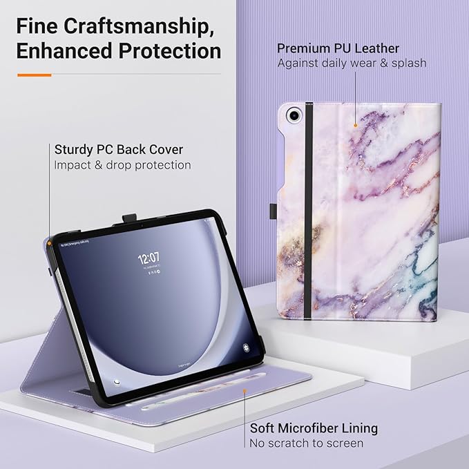 MoKo Case for Samsung Galaxy Tab A9 Plus 11" 2023 (SM-X210/SM-X216/SM-X218), PU Leather Multi-Angle Viewing Folding Stand Cover Case with Hand Strap, Front Pocket, Auto Wake/Sleep, Purple Marble