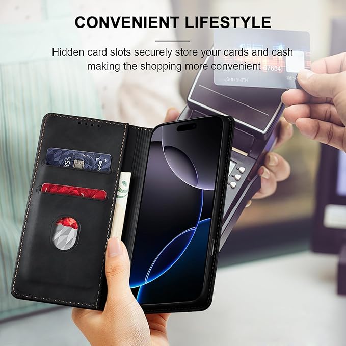 Jasonyu Flip Wallet Case for iPhone 16 Pro Max,Leather Magnetic Folio Cover with Card Holder,Kickstand - TPU Shockproof Durable Protective Phone Case,Black