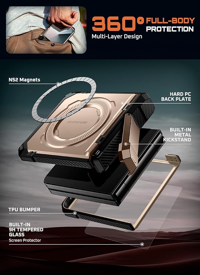 SUPCASE for Samsung Galaxy Z Flip 7 Case with Stand & Front Screen Protector (Unicorn Beetle Grip), [Support MagSafe] [Hinge Protection] Full Body Military-Grade Rugged Back Phone Cover, Desert