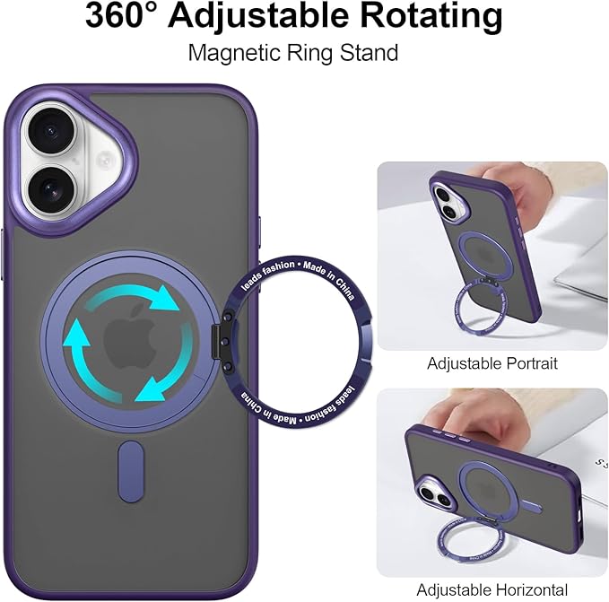 ZIYE Magnetic Case for iPhone 16 Case with Stand [Compatible with MagSafe] Slim Shockproof Military Grade Heavy Duty Cover with 360 Rotatable Ring Kickstand for Women Men, Translucent Purple