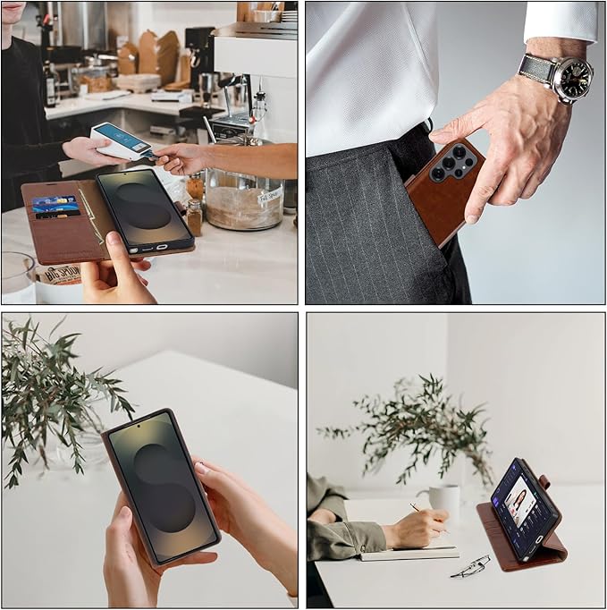 MONASAY Wallet Case Fit for Samsung Galaxy S25 Ultra 6.9 inch, [Lens & Glass Screen Protector Included] [RFID Blocking] Flip Folio Leather Cell Phone Cover with Credit Card Holder, Brown