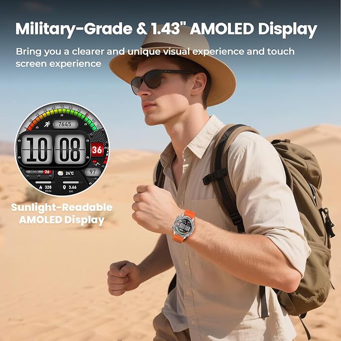 WalkerFit Military Rugged Smart Watch for Men 1.43" AMOLED Smartwatch, Always-on, 3ATM Waterproof for Swim, HR Sleep Monitor, Bluetooth Call Fitness Watch for iPhone Andriod Compatible, Silver Orange