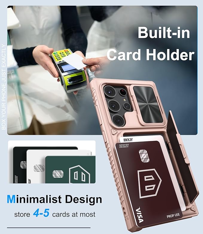 for Samsung Galaxy S23 Ultra Case with Card Holder (Store 4-5 Cards), Slide Lens Cover & Stand, Military Grade Drop Protection, Shockproof Wallet Phone Case for Galaxy S23 Ultra, Rose Gold