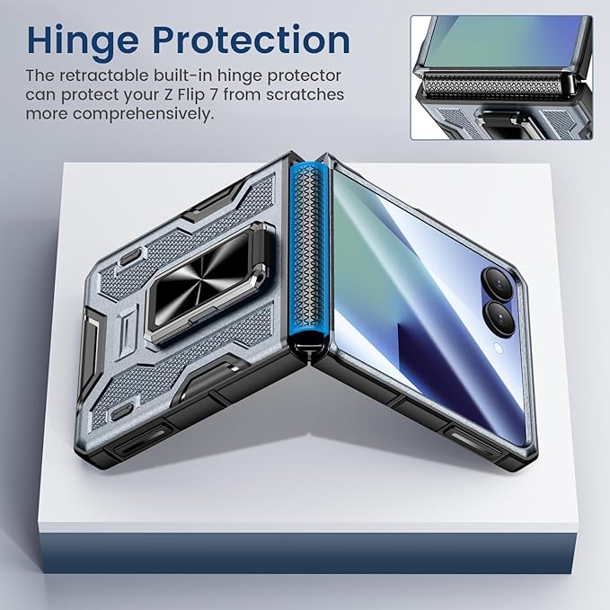 VEGO for Z Flip 7 Case, Samsung Galaxy Flip 7 Case with 360° Rotatable Ring Kickstand & Belt Clip Holster & 9H HD Tempered Glass Camera Screen Protector & Hinge Protection, Shockproof Cover - Grey