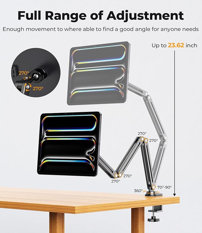 Magnetic Wireless Charging Stand for iPad Pro 13" M4 (2024), Foldable Adjustable Arm Mount with 2M Cable, Aluminum Alloy Tablet Holder for Desk