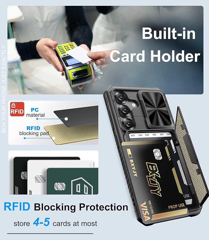 for Samsung Galaxy S25 Case Wallet, Card Holder (4-5 Cards), RFID Block, Slide Camera Cover, Military Grade Drop Shockproof Protection, Heavy Duty Men Women Phone Case for Samsung S25, Black